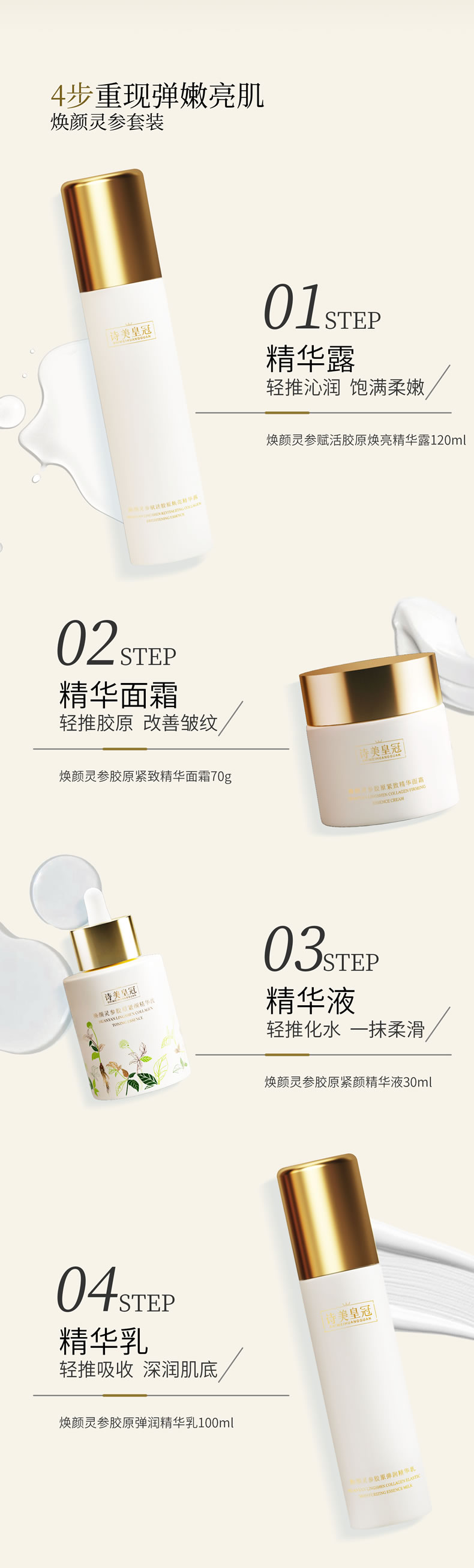 【诗美皇冠】焕颜灵参系列 精华露120ml|精华乳100ml|精华霜70g|精华液30ml|四件套装